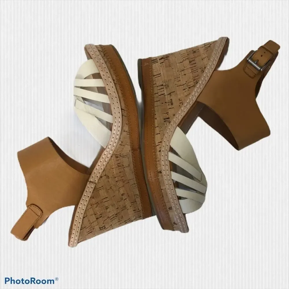 Dolce Vita White Tan Leather Cork Wedge Sandals 9.5